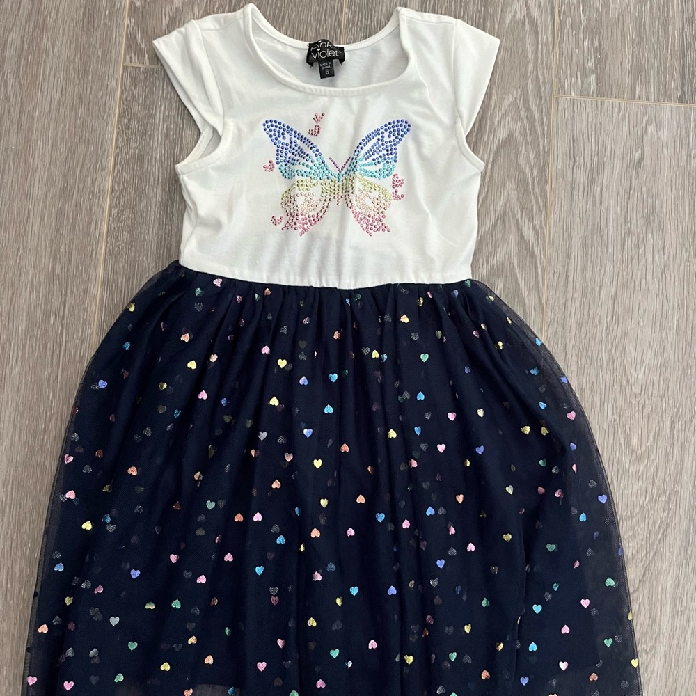 Girls' White and Blue Butterfly Dress